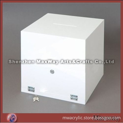White Cubical Acrylic/Plexiglass Donation Box/Case with Lock